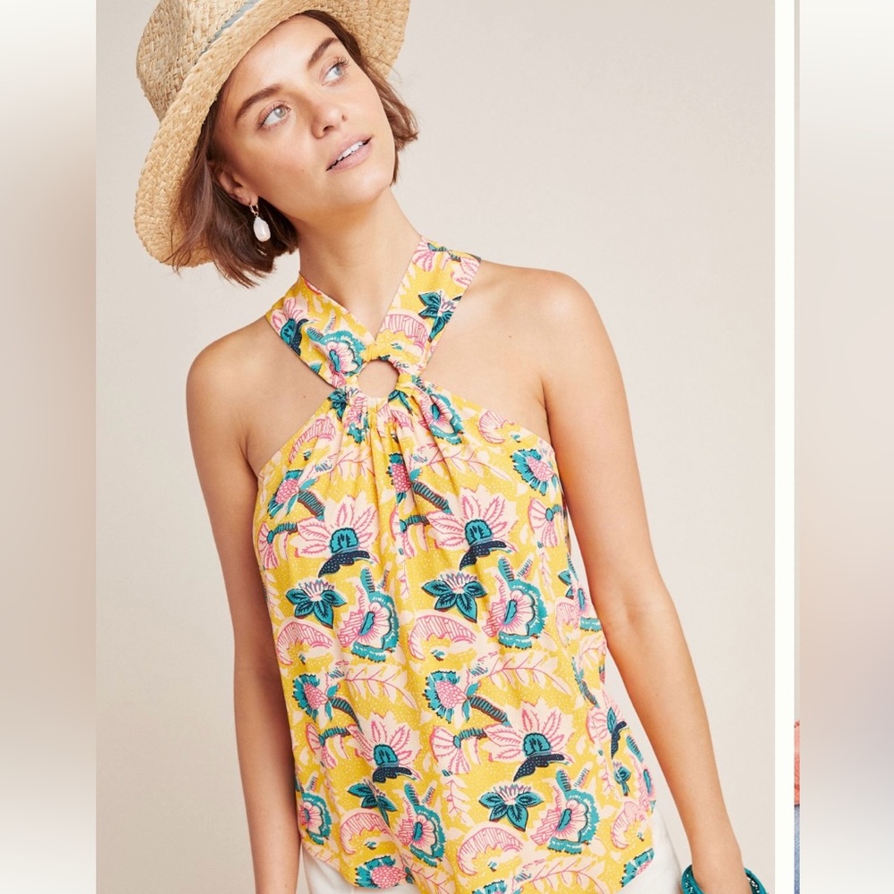 Maeve by Anthropologie Womens Halter Blouse in Multicolor Tropical Print Sz 2